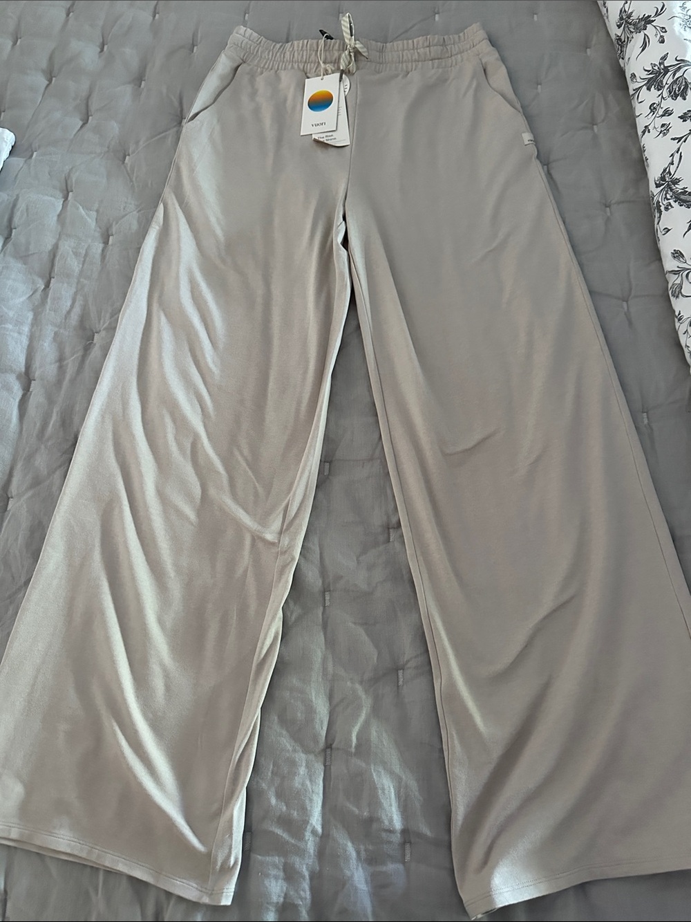 Vuori Wide Leg Track Pants in Light Taupe